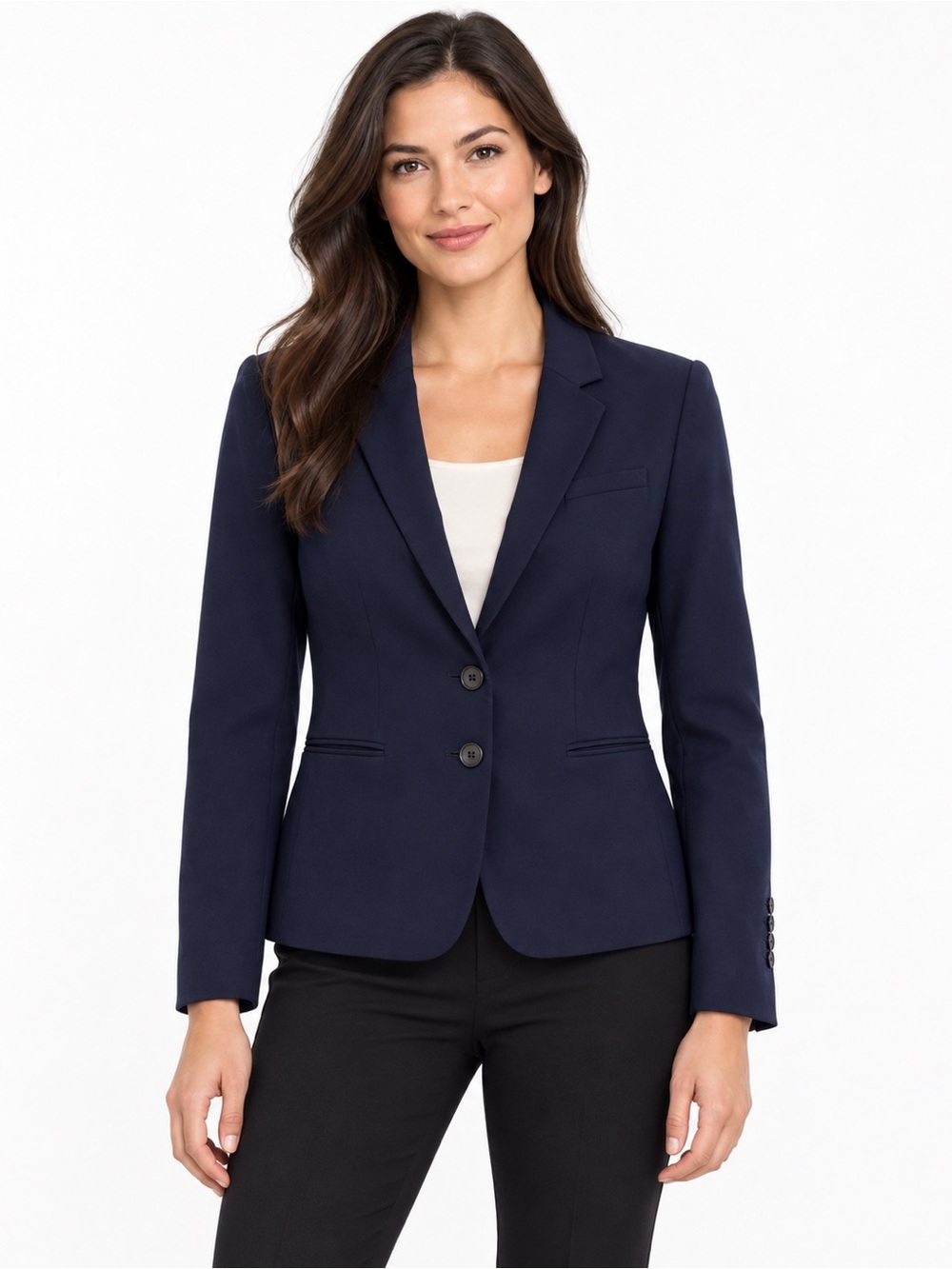 Ann Taylor Petite Blazer 4P Navy Blue 2 Button Stretch Career Jacket